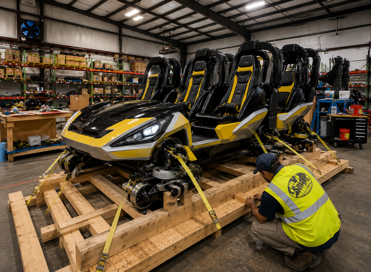 Ride vehicle staged for installation work by a SMART crew