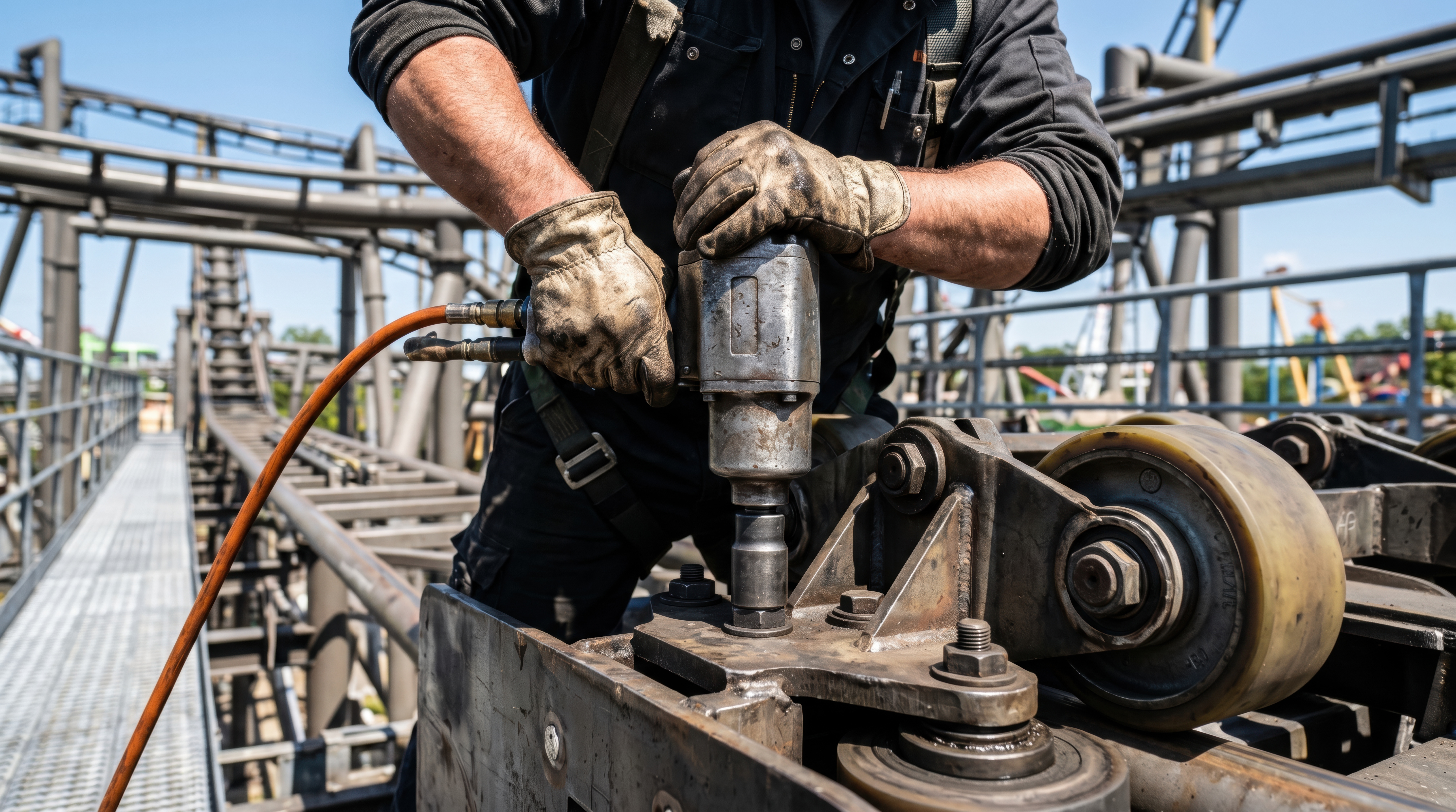 Technician torque-checking structural hardware on an attraction