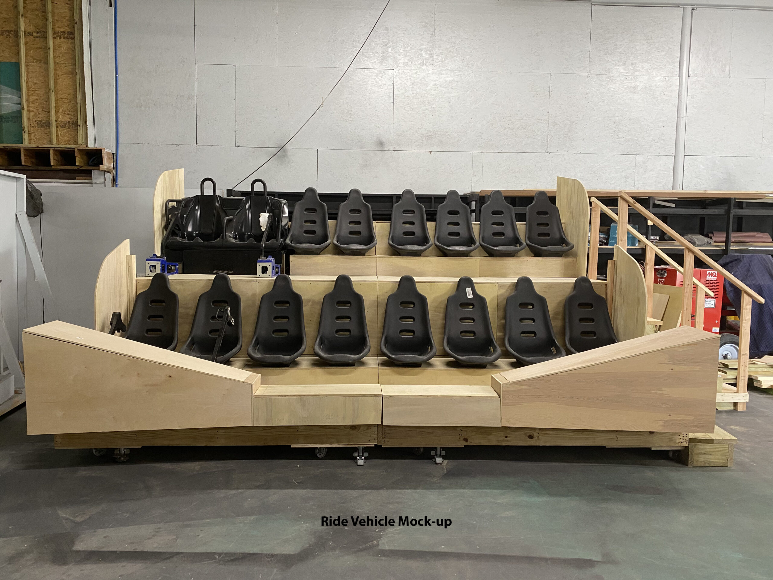 Ride vehicle mockup under construction in the shop