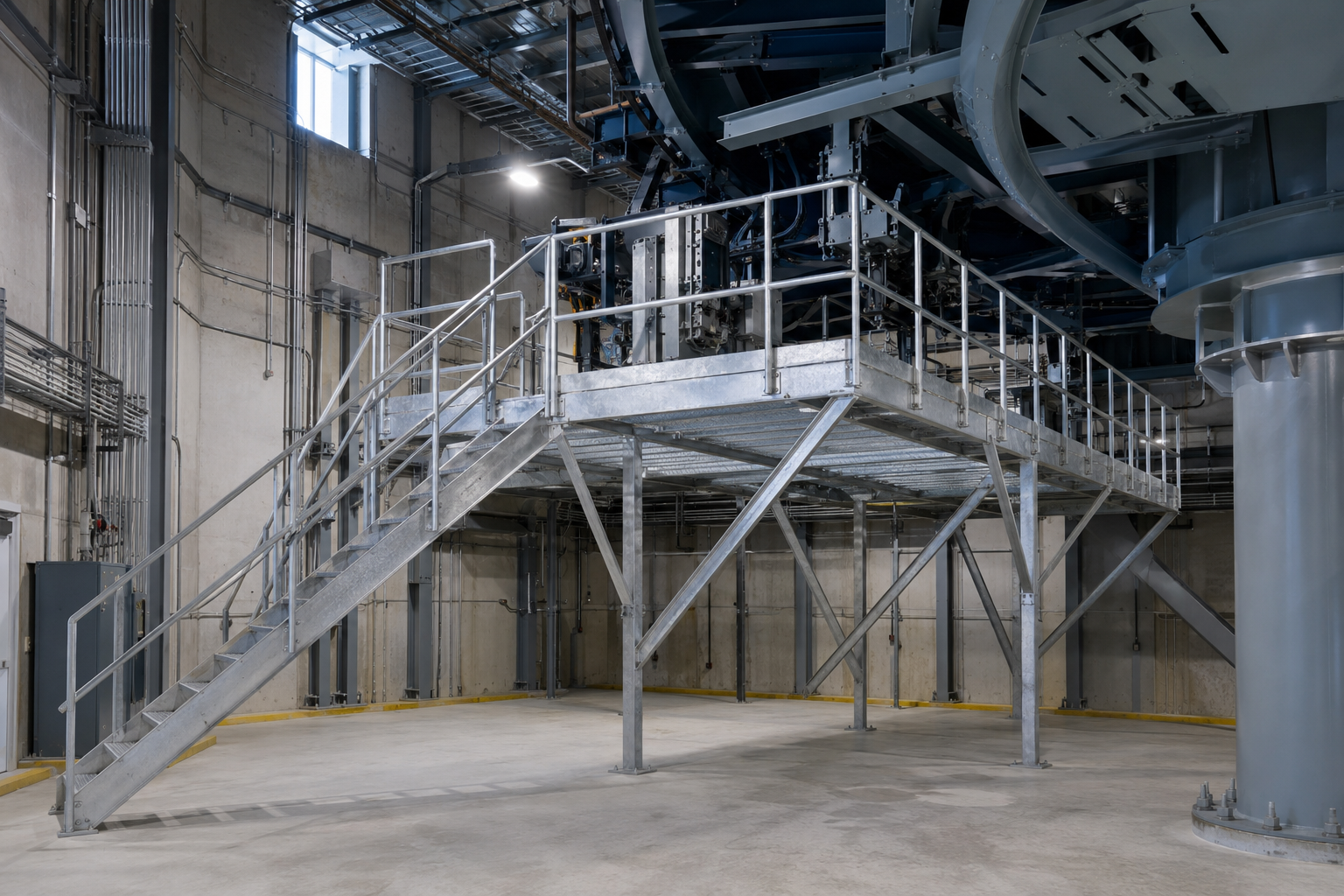Custom galvanized steel maintenance catwalk with stairs and safety railings