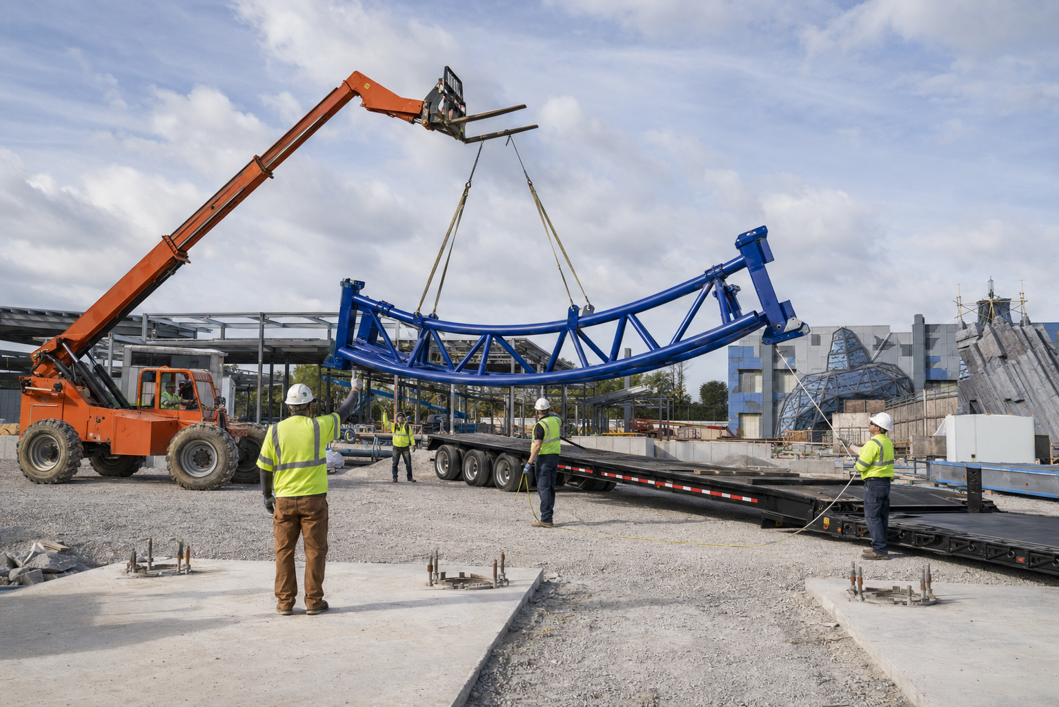 Technicians rigging a steel track and support assembly during attraction construction