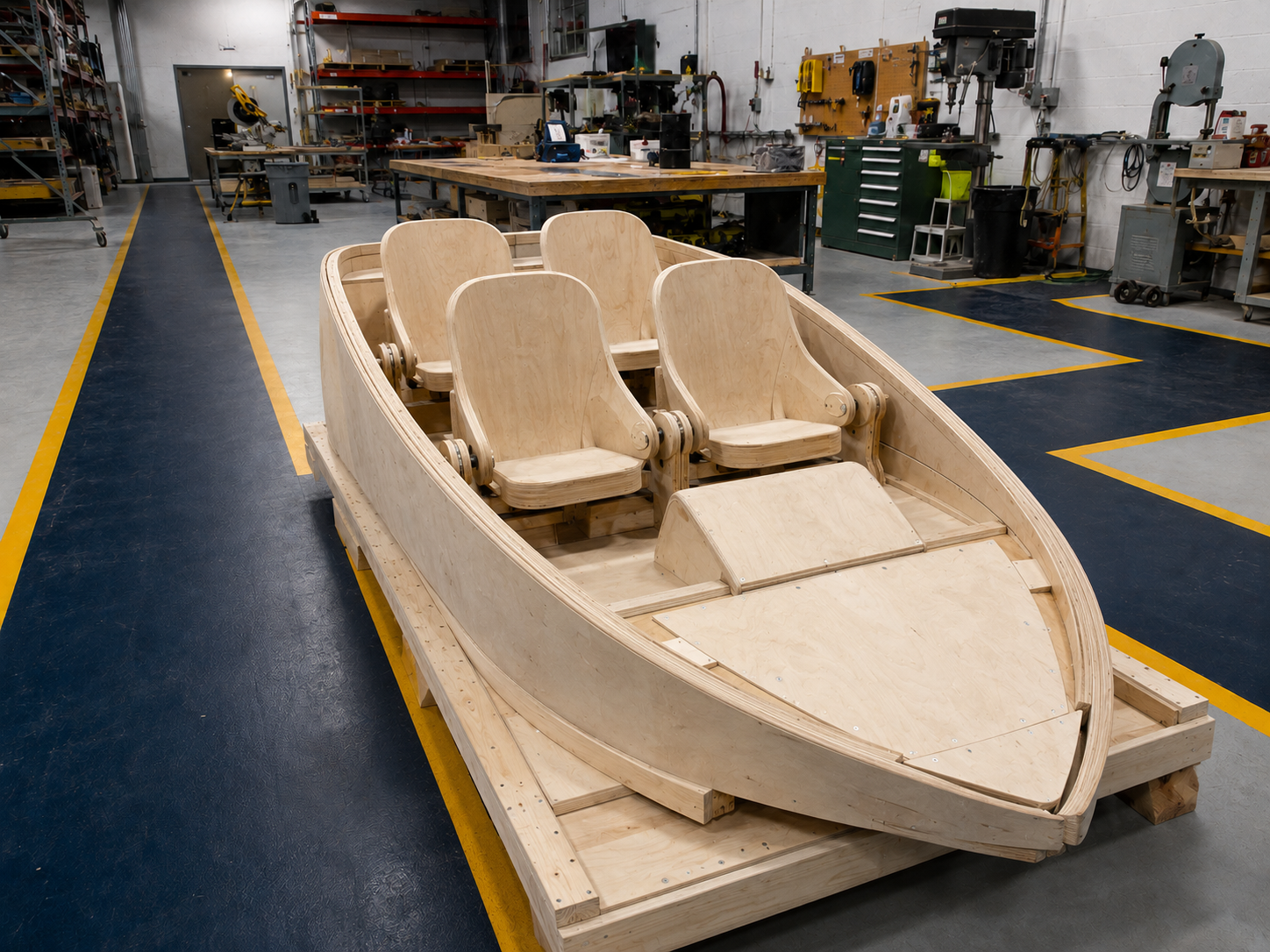 Full-scale wood mockup of a ride boat built in the SMART shop